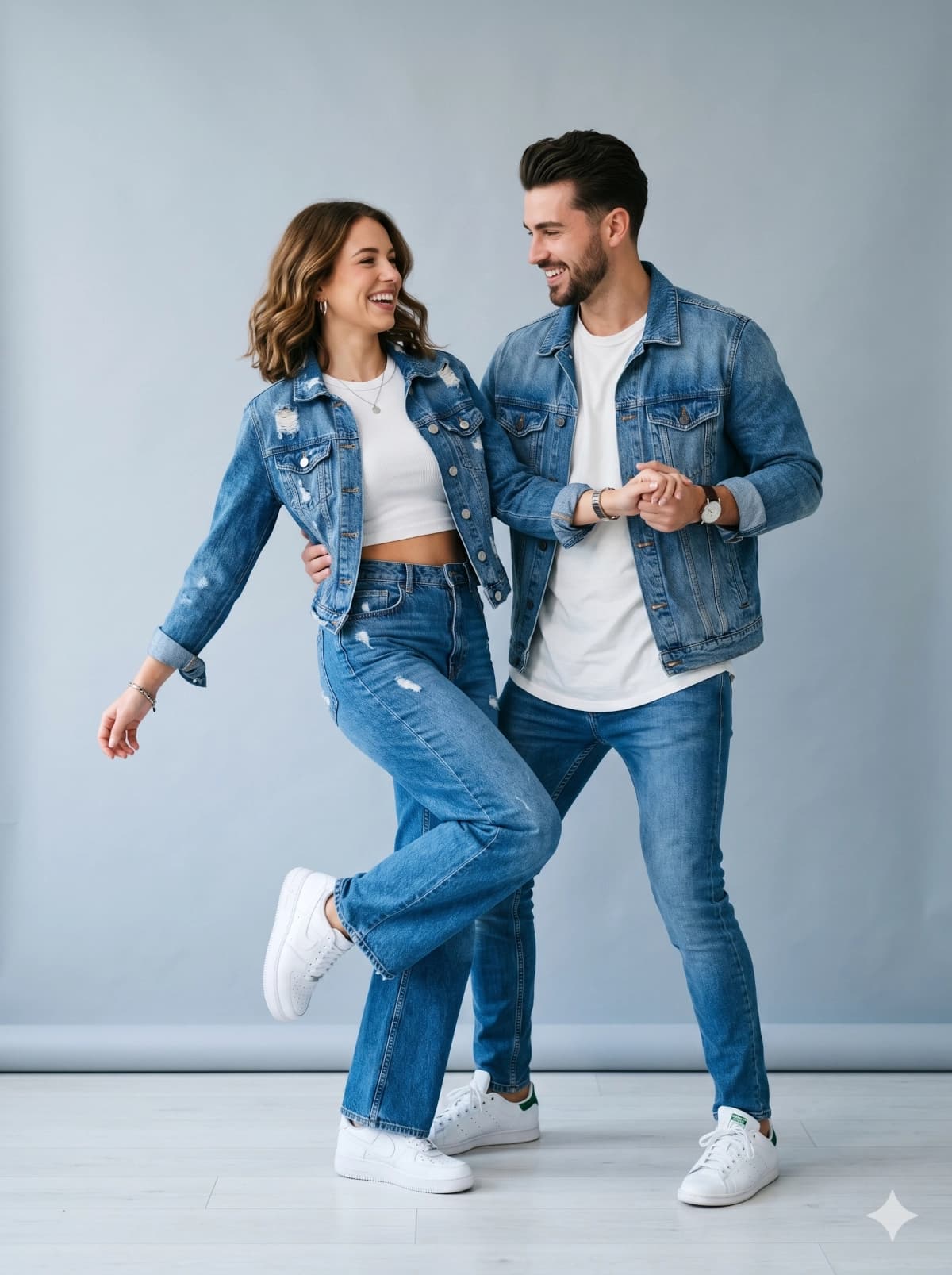 Pareja con look de mezclilla y blanco