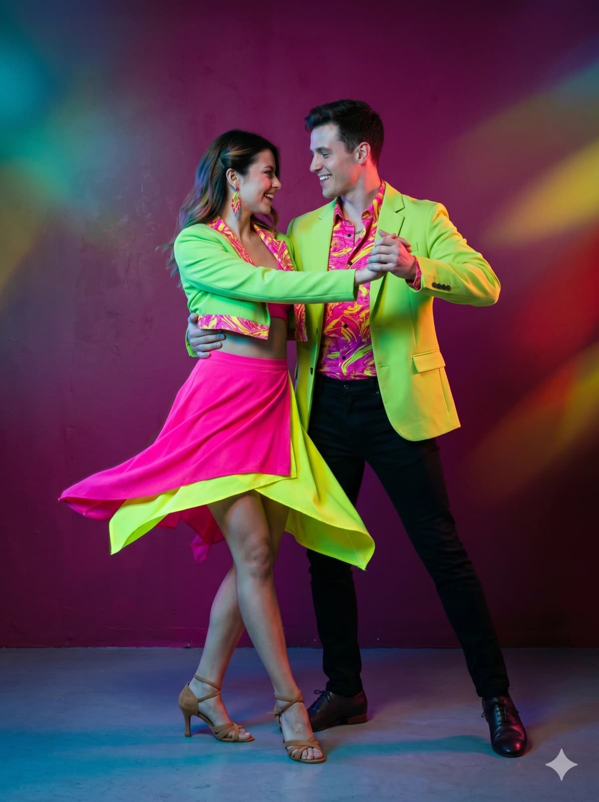 Pareja con look neón fluorescente para la fiesta de bienvenida