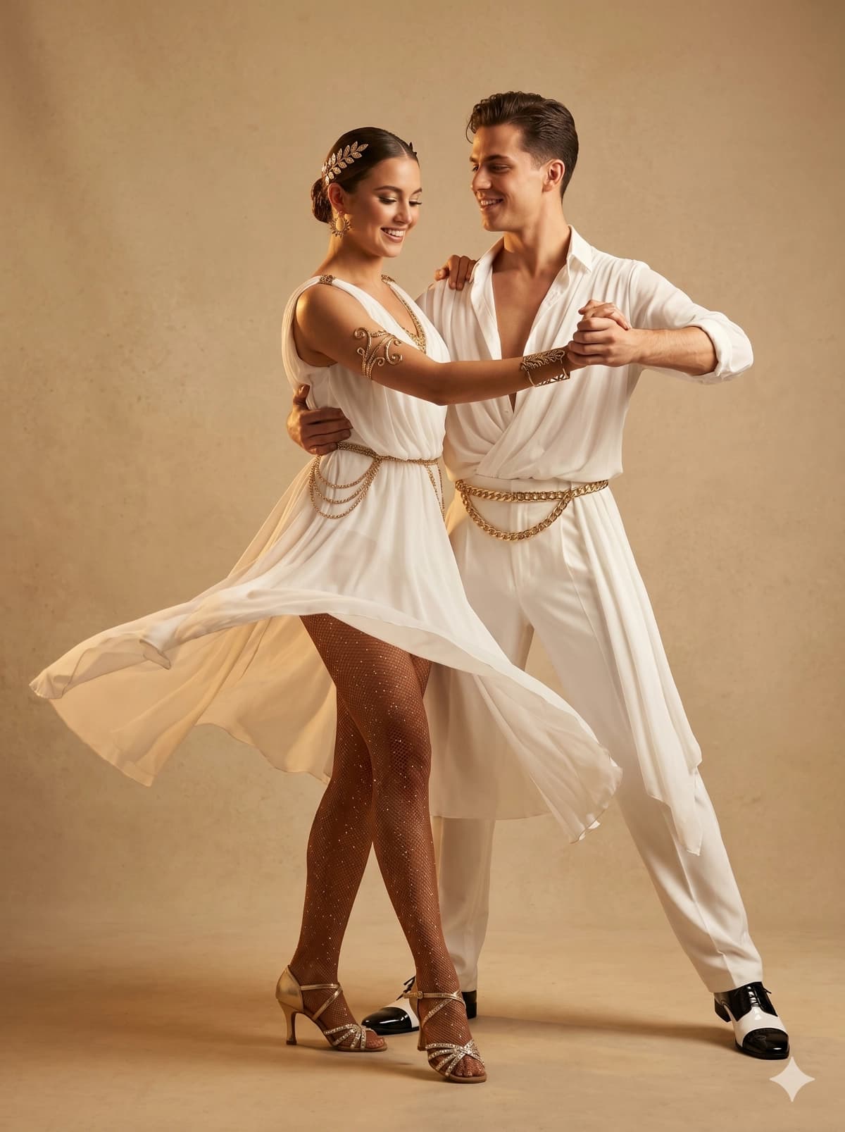 Pareja con look estilo griego blanco y dorado